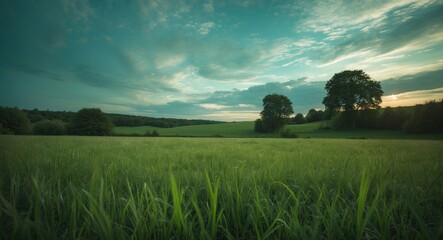 Aufkleber - Background of a summer landscape featuring a green grass field and a beautiful sky.