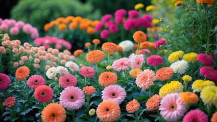 Aufkleber - A vibrant garden bed filled with colorful gerberas, where each layer of petals reflects the gentle light, forms a natural tapestry.
