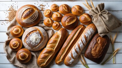 Poster - assortment of baked bread on light wooden background