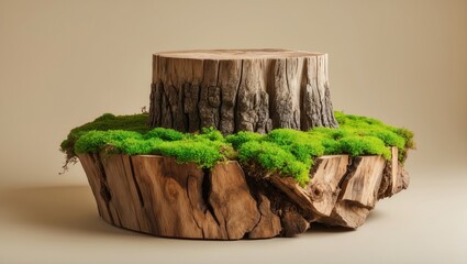 Poster - Luxury old wooden stump, bark tree pedestal podium with green moss arrangement in the background for product display of organic eco cosmetic and skin care.
