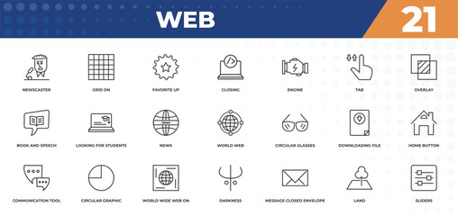 Poster - outline icons set - web concept. newscaster, grid on and more.