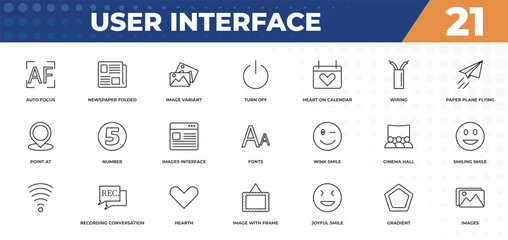 Poster - outline icons set - user interface concept. auto focus, newspaper folded and more.