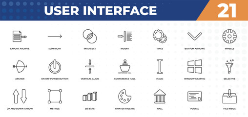 Poster - outline icons set - user interface concept. export archive, slim right and more.
