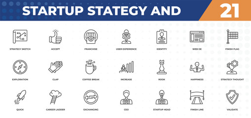  outline icons set - startup stategy and concept. strategy sketch, accept and more.
