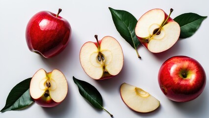 Poster - Collection of isolated apples. Set of red apples, apple slices, and halves on a white background.