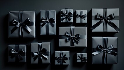 Poster - Arranged gift boxes wrapped in paper with ribbons on a background. Concept.