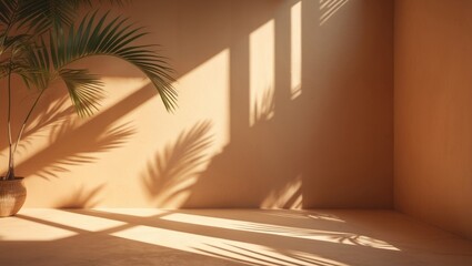 Poster - Minimalist product placement backdrop featuring palm shadow on the wall. Luxury summer architectural interior aesthetic. Innovative product platform stage mockup.