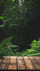 Aufkleber - Wooden planks foreground, lush green fern and forest background, showcasing nature's serenity and tranquility, ideal for eco-friendly or natural product displays