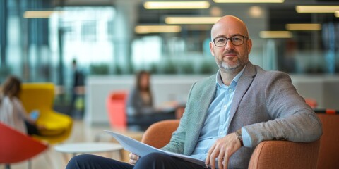 Aufkleber - A professional man sits in a modern office space. The background features vibrant chairs and colleagues working. This image encapsulates a contemporary workspace environment. AI