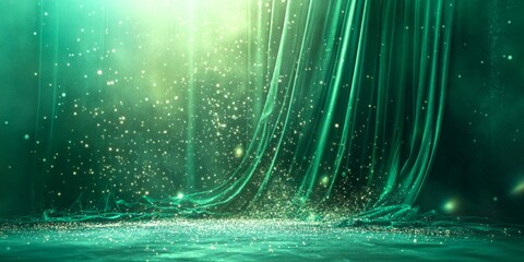 Poster - A mesmerizing green curtain flowing softly with sparkling light in the background. This ethereal scene captures a magical atmosphere, perfect for use in fantasy themes. AI