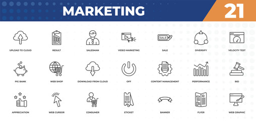 Poster - outline icons set - marketing concept. upload to cloud, result and more.