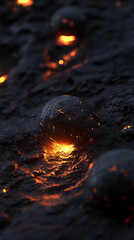 Poster - Dark, cracked sphere rests on fiery, textured surface, glowing from within. Represents energy, power, or intense heat, suitable for abstract or science fiction themes.