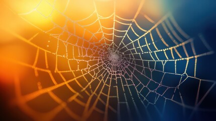 Wall Mural - Beautiful spider web in wild field with dew in morning in Spring.