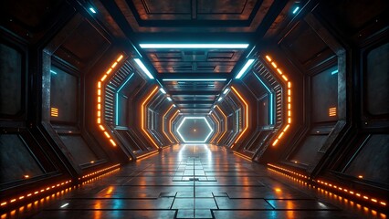 Poster - Futuristic spaceship corridor with neon lights