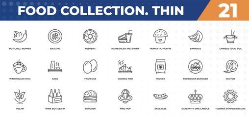 outline icons set - food collection. thin concept. hot chilli pepper, shuizhu and more.