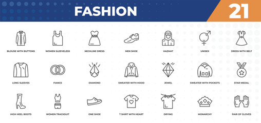  outline icons set - fashion concept. blouse with buttons, women sleeveless shirt and more.