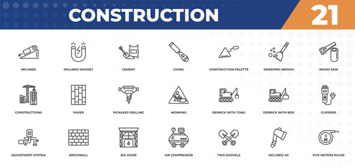 Poster - outline icons set - construction concept. inclined, inclined magnet and more.