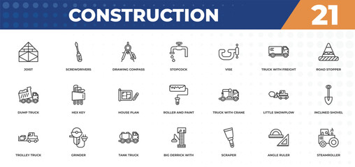 Poster - outline icons set - construction concept. joist, screwdrivers and more.
