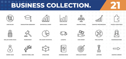 Poster - outline icons set - business collection. concept. hair salon, graduation ceremony and more.