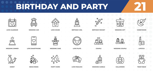  outline icons set - birthday and party concept. love calendar, wedding car and more.