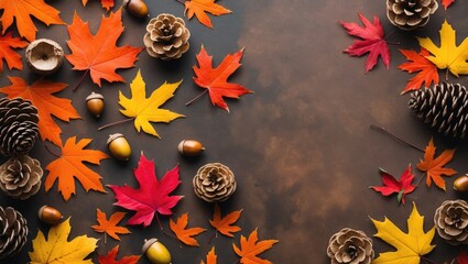 Poster - Colorful autumn leaves, nuts, and pine cones. Corner border on a rustic dark banner background. Bird's-eye view with space for text.