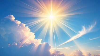 miraculous heavenly light - a blue sky filled with fluffy clouds and a radiant sun shining down, dep