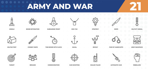 Poster - outline icons set - army and war concept. missile, bomb detonation and more.