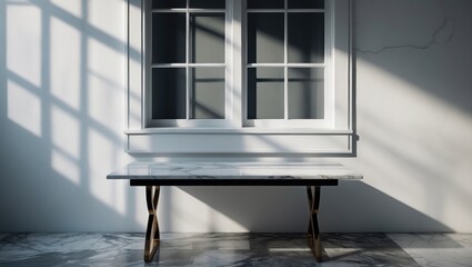 Poster - Marble table with shadow from the window cast on a white wall background for product display mockup.