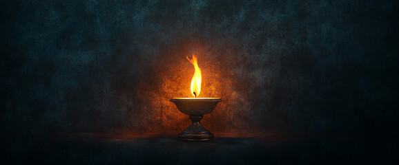 Poster - Burning candle in a metallic holder against a dark textured background, showcasing hope, peace, and remembrance, ideal for spiritual or meditation concepts
