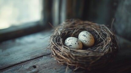 Aufkleber - Two beautiful speckled eggs lay gently nestled in a handcrafted nest made of twigs, bathed in warm sunlight streaming through a nearby window