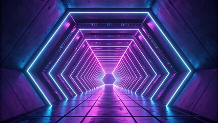 Poster - Neon purple and blue hexagon tunnel. Futuristic, abstract background.