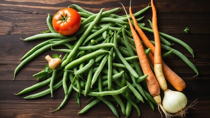 Poster - Freshly picked vegetables arranged in a flat lay on a dark wooden table.