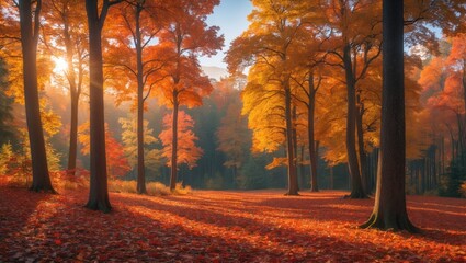 Poster - Extra wide panorama of a stunning forest in autumn, a picturesque landscape with enjoyable warm sunlight.
