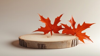 Aufkleber - Empty wooden product podium with autumn leaves in the background. Podium for product display, fall concept.