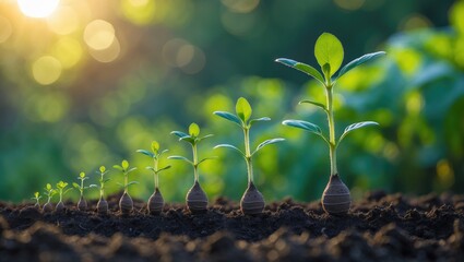 Poster - Sequence of agriculture and plant growth under morning sunlight with a blurred background. The steps of germinating seedlings sprouting from seeds. Nature ecology and growth concept with available ...