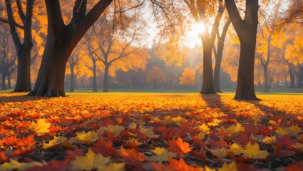 Poster - Fall landscape, bright park illuminated by sunshine - sunny scenery in vibrant sunlight.
