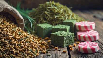 Aufkleber - Pelleted horse feed positioned on the left, green alfalfa-timothy cubes situated in the back middle, and pink peppermint treats arranged on the right; on a rustic wooden table.
