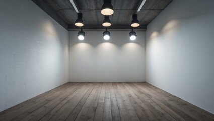Aufkleber - Empty white wall featuring 5 spot lights and wooden flooring.
