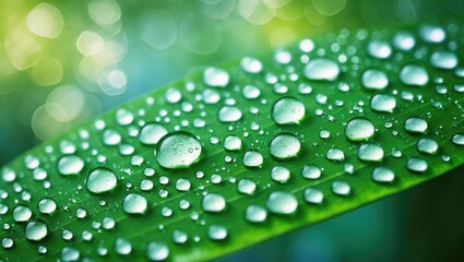 Aufkleber - Beautiful details of nature. Morning dew drops on a fresh green leaf. Summer macro pattern of nature, fresh rain drops on a green leaf. Tranquil peaceful ecology. Soft relaxing blue-green.