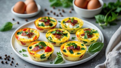 Poster - Egg muffins or egg bites featuring bacon, cheese, vegetables, and herbs served on a white plate. Healthy breakfast.