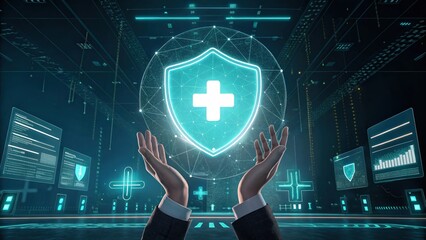 Aufkleber - Digital Shield of Health: A futuristic graphic of hands cupping a glowing shield with a medical cross, symbolizing the security and protection of modern healthcare.