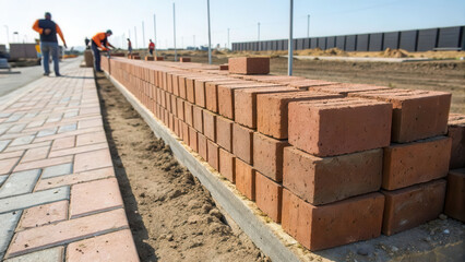 row of freshly placed bricks on construction site with workers in background