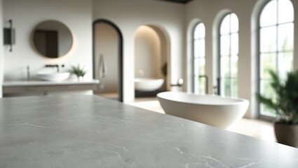 Poster - Marble table top with a blurred background. Close-up image of a modern interior.