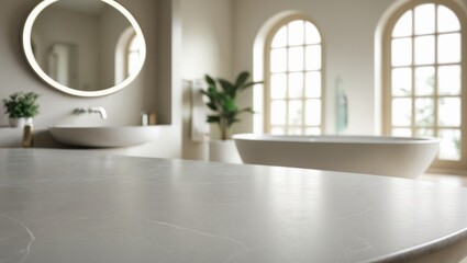 Poster - Marble table top with blurred background. Close-up image of modern interior.