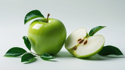 Aufkleber - Flat lay of Fresh green Apple fruit with a half and slice isolated on a background.