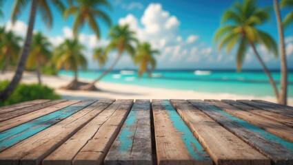 Poster - Empty wooden table in front of a blurred beach featuring coconut trees in the background.
