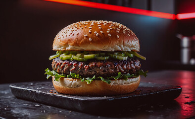Aufkleber - Large hamburger with lettuce and pickles on top. The burger is sitting on a wooden cutting board