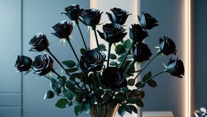 Aufkleber - Elegant bouquet of black roses. A beautiful arrangement of dark, realistic, long-stem rose flowers displayed in a vase against a wall background. Concept of modern interior decor.