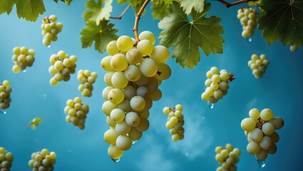 Aufkleber - Floating white wine grapes suspended against a cyan background.