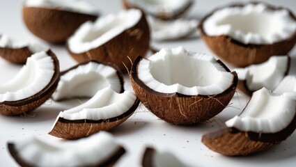 Poster - Falling coconut, isolated against a white background, with a full depth of field and selective focus.